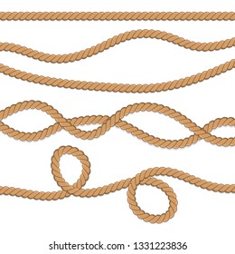 Set of different ropes. String, jute, thread, cord and twisted rope knots. Nautical yellow rope woven symbol. Template design for decoration and covering. Vector illustration