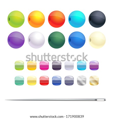 Set of different round beads and seed beads with needle. Sewing accessories.