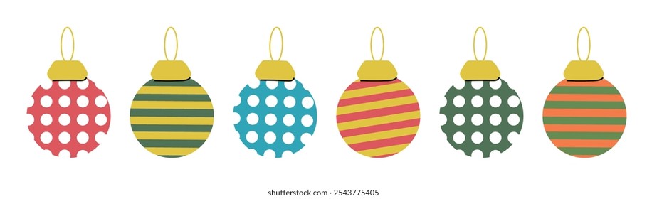 Set of different round christmas tree decoration striped and spotted in red, yellow, blue green color on white background. Hand drawn vector flat colored illustration. Greeting card decoration, winter