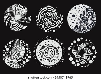 Set of different round shapes with psychedelic trippy pattern resembling ink blots and stains. Perfect for science and technology subject illustrations.