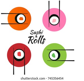 Set of different round and square sushi and rolls with chopsticks on the color circle, Japanese food labels. vector illustration. Template for Asian restaurant, cafe, delivery.