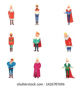 Set of different royal kings in colorful clothes and gold crown