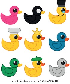 Set of different rubber ducks isolated on a white background. Pink black gray blue green duck duck in a crown with a hat and a monocle in a chef's cap and beret. Vector illustration.