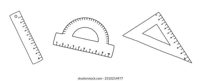 Conjunto de diferentes réguas, esboço de vetor plano estilo doodle para livro de cores