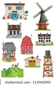 Set of different rural buildings. Typical village architecture. Cartoon. Caricature.
