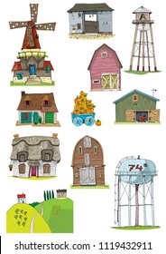 Set of different rural buildings. Typical village architecture. Cartoon. Caricature.