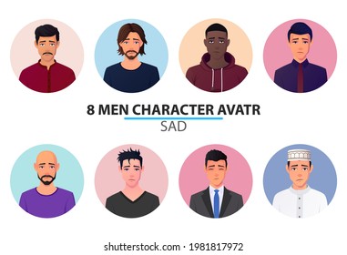 Set of different sad People avatars and portraits, Men Profile with negative emotion Premium Vector.