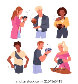 Set of different sad people with no money. Personal financial problems, finance bankruptcy, empty wallet and pockets, no savings, lack of dollars, salary retention vector illustration