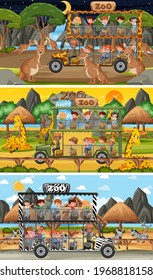 Set of different safari horizontal scenes with animals and kids cartoon character illustration