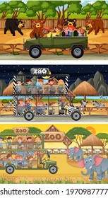 Set of different safari horizontal scenes with animals and kids cartoon character illustration