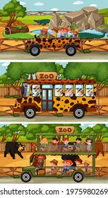 Set of different safari horizontal scenes with animals and kids cartoon character illustration