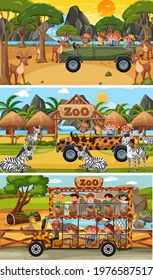 Set of different safari horizontal scenes with animals and kids cartoon character illustration