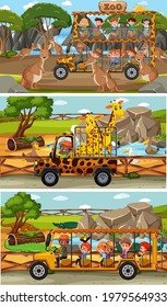 Set of different safari horizontal scenes with animals and kids cartoon character illustration