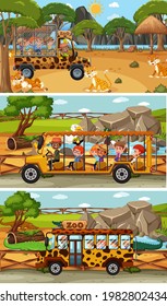 Set of different safari horizontal scenes with animals and kids cartoon character illustration