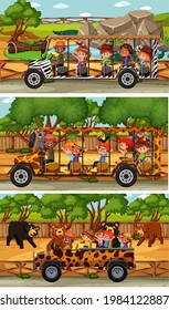 Set of different safari horizontal scenes with animals and kids cartoon character illustration