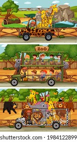 Set of different safari horizontal scenes with animals and kids cartoon character illustration