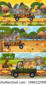 Set of different safari horizontal scenes with animals and kids cartoon character illustration