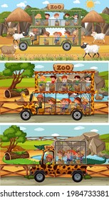 Set of different safari horizontal scenes with animals and kids cartoon character illustration