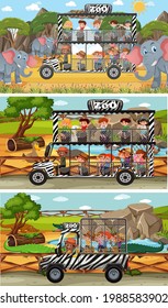Set of different safari horizontal scenes with animals and kids cartoon character illustration