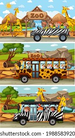 Set of different safari horizontal scenes with animals and kids cartoon character illustration