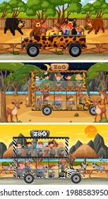 Set of different safari horizontal scenes with animals and kids cartoon character illustration