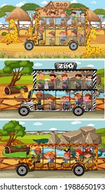 Set of different safari horizontal scenes with animals and kids cartoon character illustration