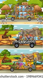 Set of different safari horizontal scenes with animals and kids cartoon character illustration