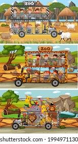 Set of different safari horizontal scenes with animals and kids cartoon character illustration