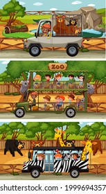 Set of different safari horizontal scenes with animals and kids cartoon character illustration