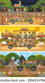 Set of different safari horizontal scenes with animals and kids cartoon character illustration