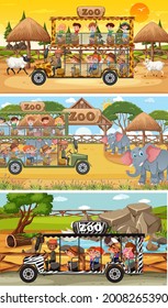 Set of different safari horizontal scenes with animals and kids cartoon character illustration