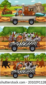 Set of different safari horizontal scenes with animals and kids cartoon character illustration