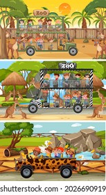 Conjunto de escenas horizontales de safari con animales y niños dibujos animados ilustraciones de personajes