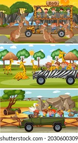 Set of different safari horizontal scenes with animals and kids cartoon character illustration