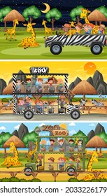 Conjunto de escenas horizontales de safari con animales y niños dibujos animados ilustraciones de personajes