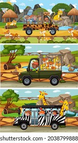 Set of different safari horizontal scenes with animals and kids cartoon character illustration
