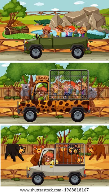 Set of different safari horizontal\
scenes with animals and kids cartoon character\
illustration