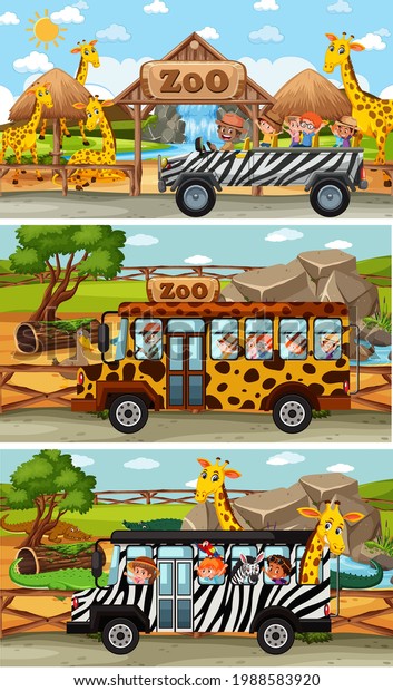 Set of different safari horizontal\
scenes with animals and kids cartoon character\
illustration