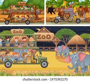 Set of different safari scenes with animals and kids cartoon character illustration