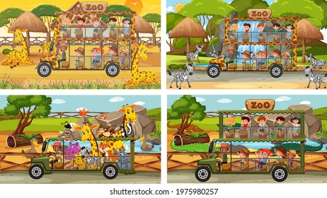 Set of different safari scenes with animals and kids cartoon character illustration