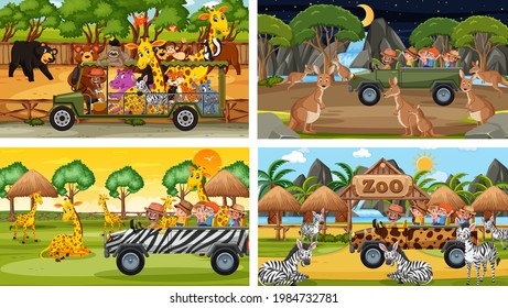Set of different safari scenes with animals and kids cartoon character illustration