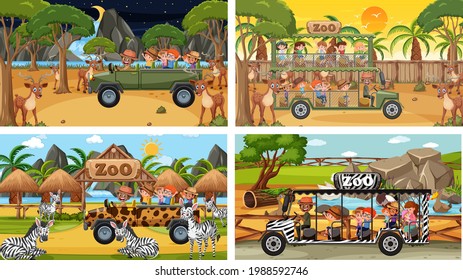 Set of different safari scenes with animals and kids cartoon character illustration
