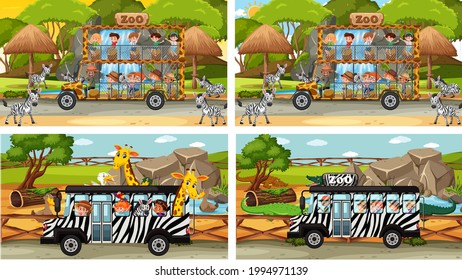 Set of different safari scenes with animals and kids cartoon character illustration