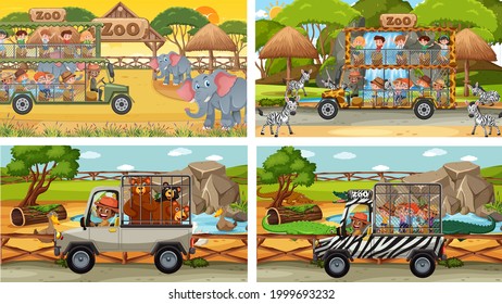 Set of different safari scenes with animals and kids cartoon character illustration