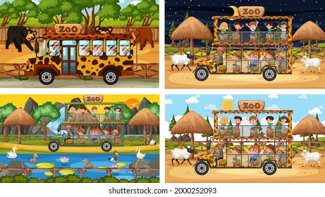 Conjunto de escenas de safari diferentes con animales y niños dibujos animados ilustraciones de personajes