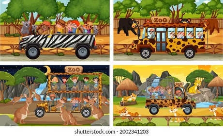Set of different safari scenes with animals and kids cartoon character illustration