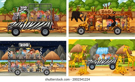 Conjunto de escenas de safari diferentes con animales y niños dibujos animados ilustraciones de personajes