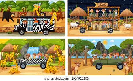 Conjunto de escenas de safari diferentes con animales y niños dibujos animados ilustraciones de personajes