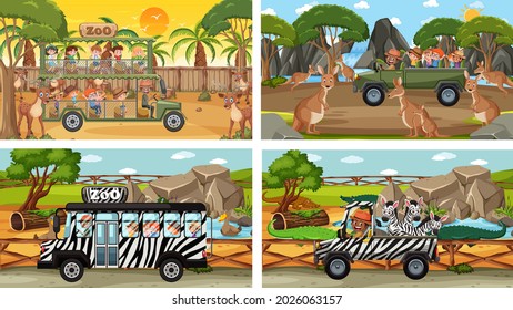 Conjunto de escenas de safari diferentes con animales y niños dibujos animados ilustraciones de personajes