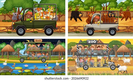 Conjunto de escenas de safari diferentes con animales y niños dibujos animados ilustraciones de personajes